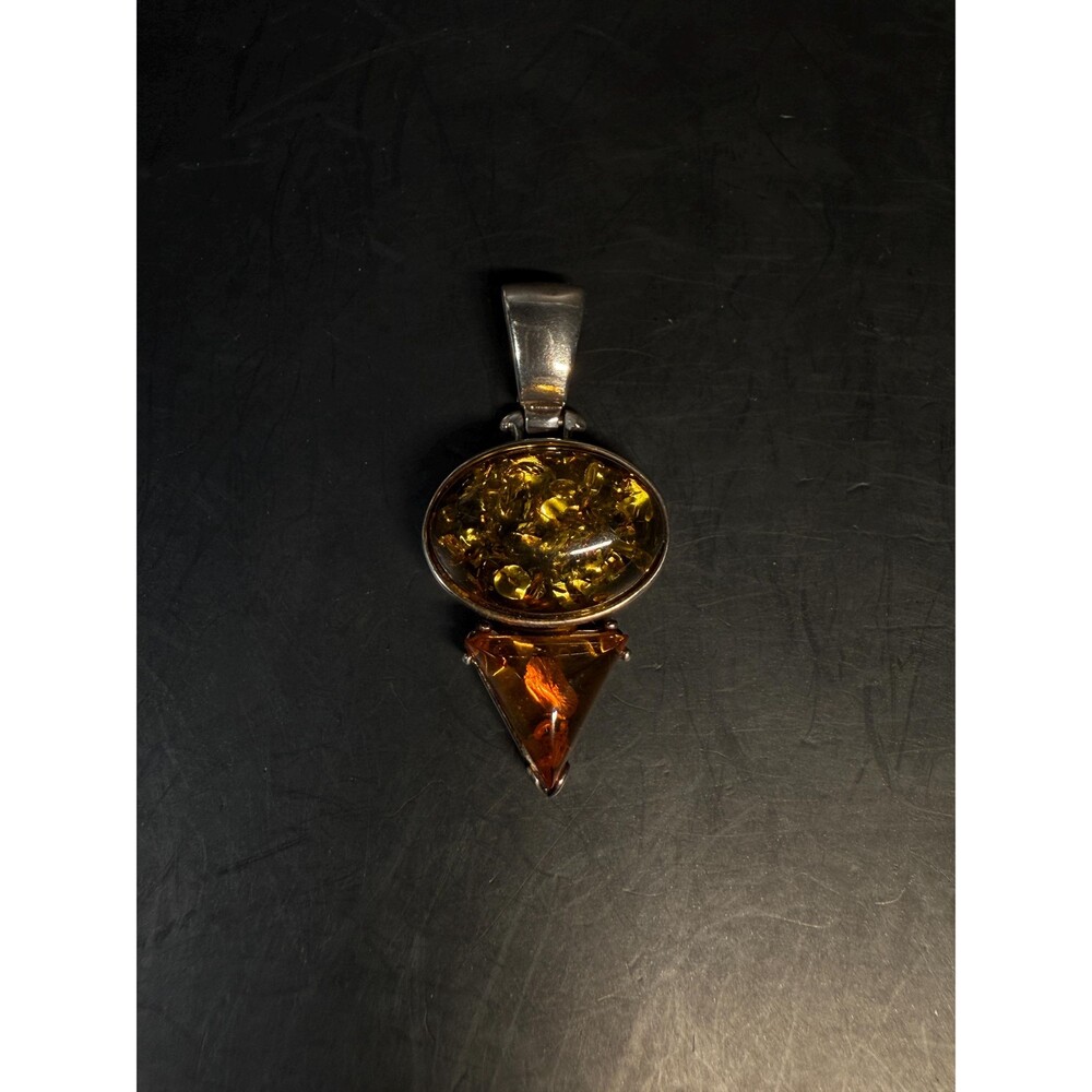 Sterling Silver Amber Pendant Double Stone Oval Cabochon Triangle Drop